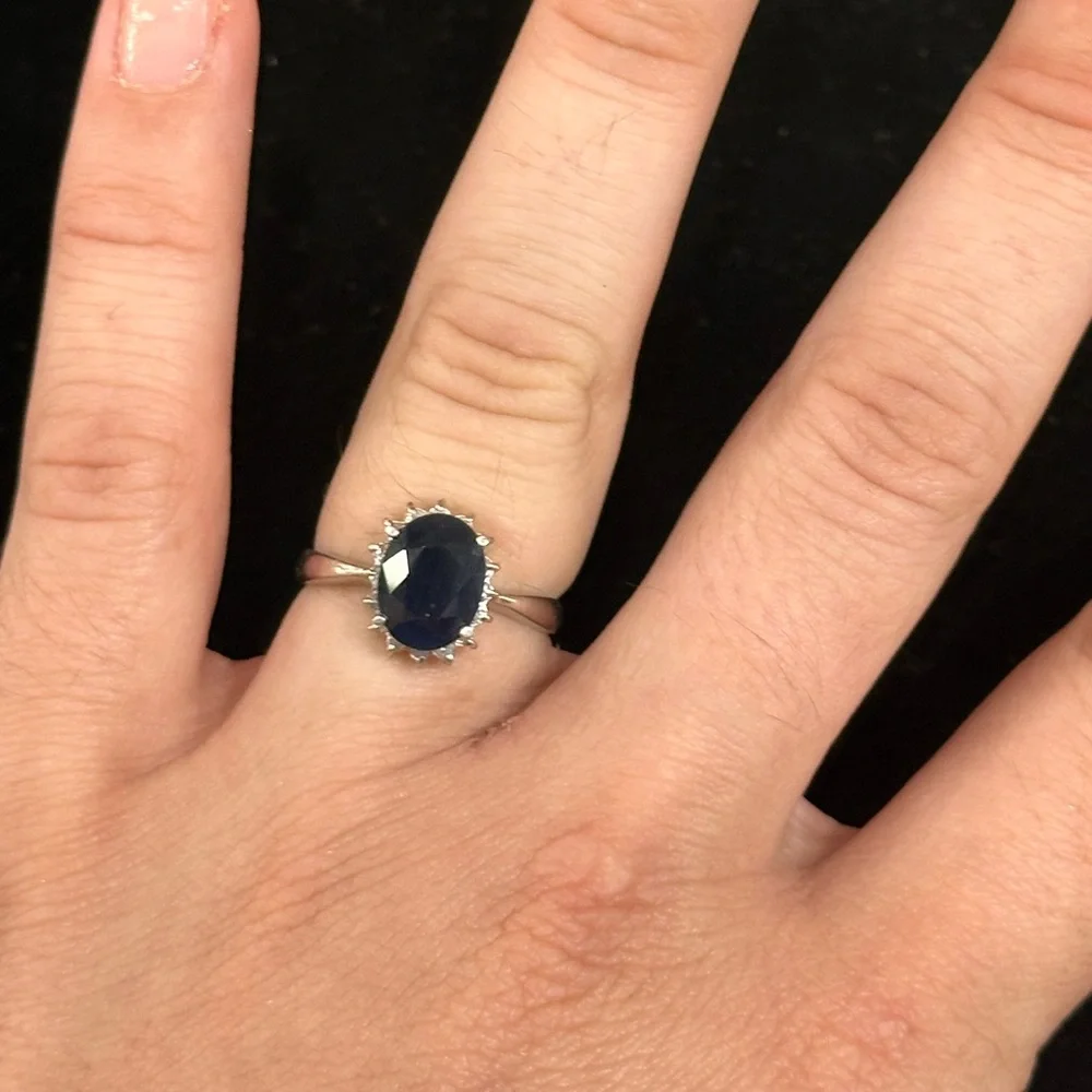 4.5ct Natural Blue Sapphire w White Diamond Halo Princess Diana Engagement Ring